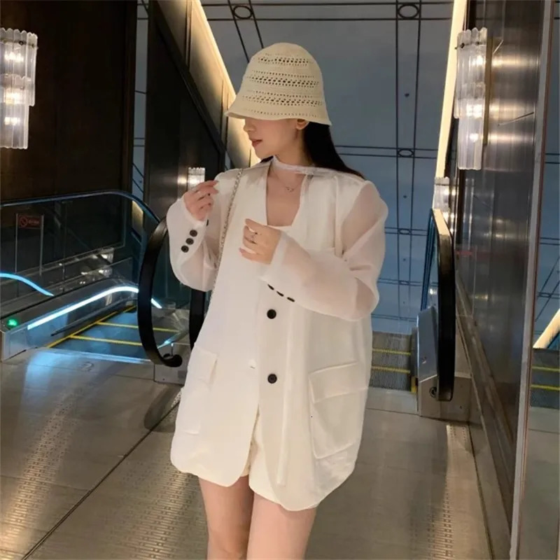 Summer Women Fashion Patchwork Thin White Gauze Suit Jacket Casual Loose VNeck SingleBreasted Long Sleeve Female Blazers Coat 250610