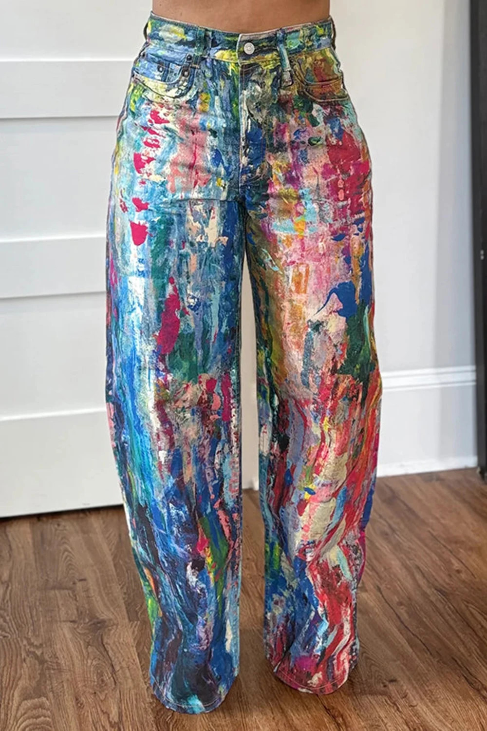Plus Size Festival Multicolor Graphic Pocket Denim Straight Leg Jeans 250609