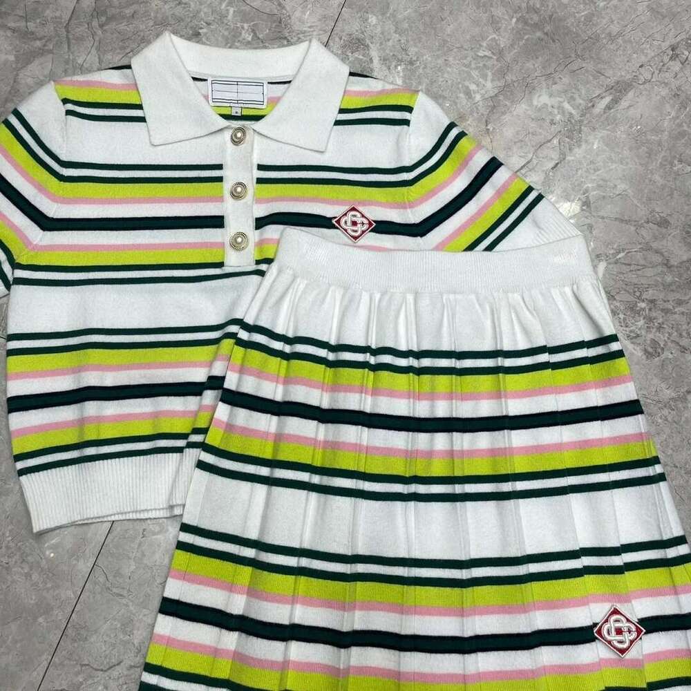 2025 Summer Retro Style Women Knitted Set Polo Neck Short Sleeve Tops + Waist Skirt Contrasting Stripes High Quality
