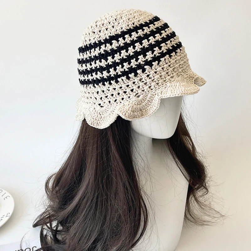 Japanese Niche Handknitted Hollowed Ruffle Leaf Edge Bucket Hats Women Summer Vacation Seaside Beach Sunscreen Basin Caps Men 250606