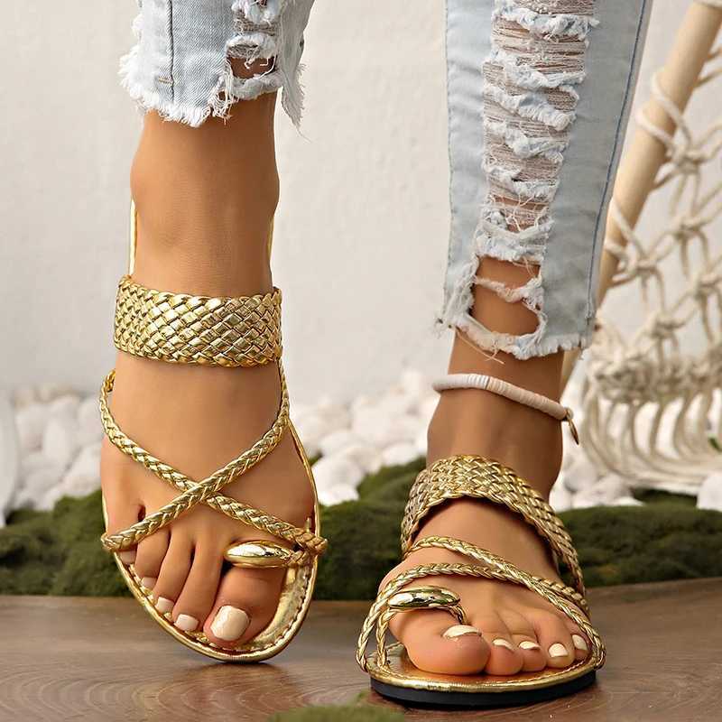 Gold Braided Cross Strap Flat Sandals for Women Roman Style Ring Toe Summer Slippers Woman Lightweight Outdoor Beach Slides 2025 XJ250610