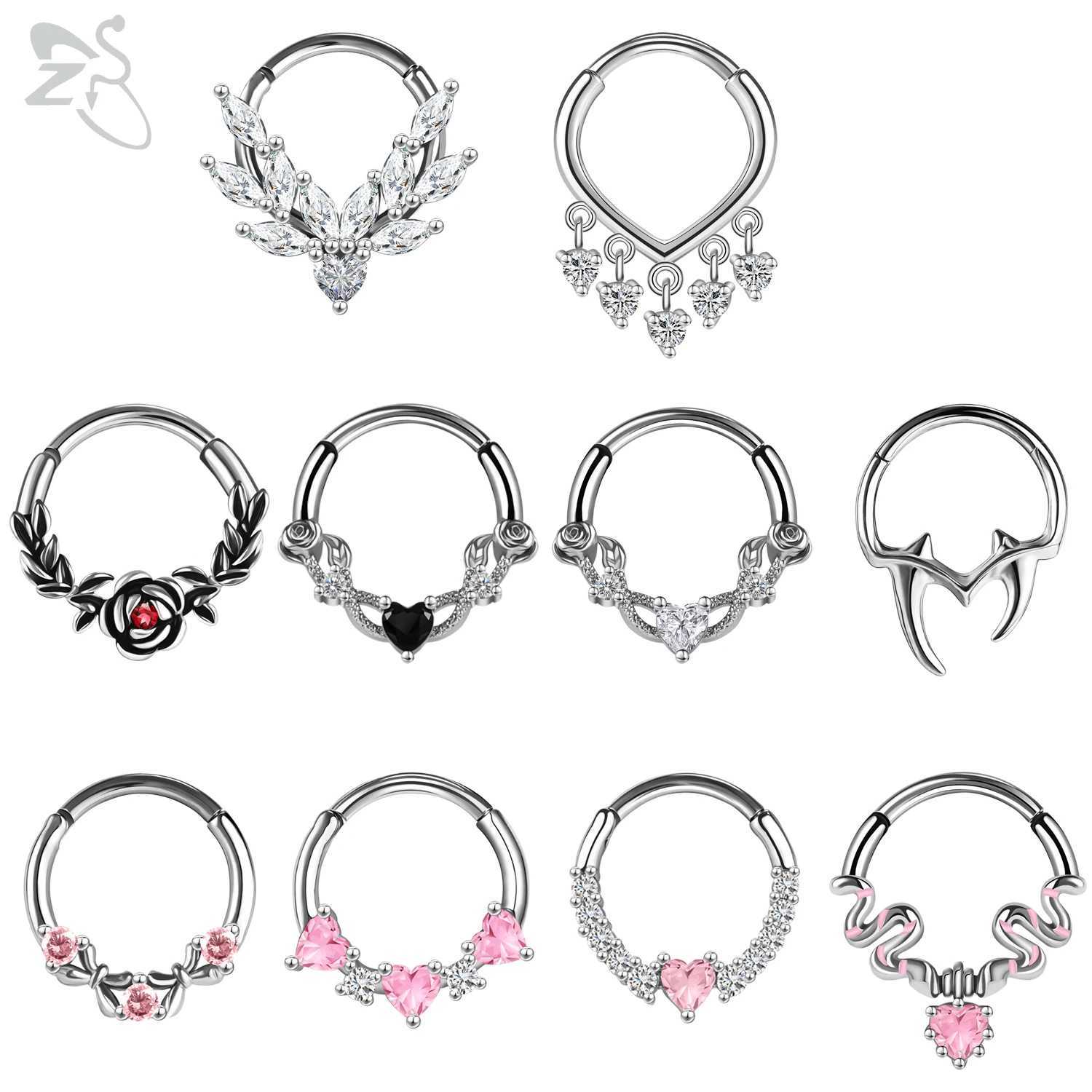 ZS 1PC Pink Crystal Nose Piercing Silver Color Septum Ring 316L Stainless Steel Nose Clicker Ear Helix Cartilage Piercing 16G W250611
