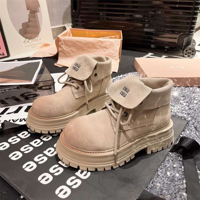 Gravity Shoe Factory Matte Genuine Leather Martin 2024 New Letter Turn-down Collar Motorcycle Yellow Boots Two-way Wear