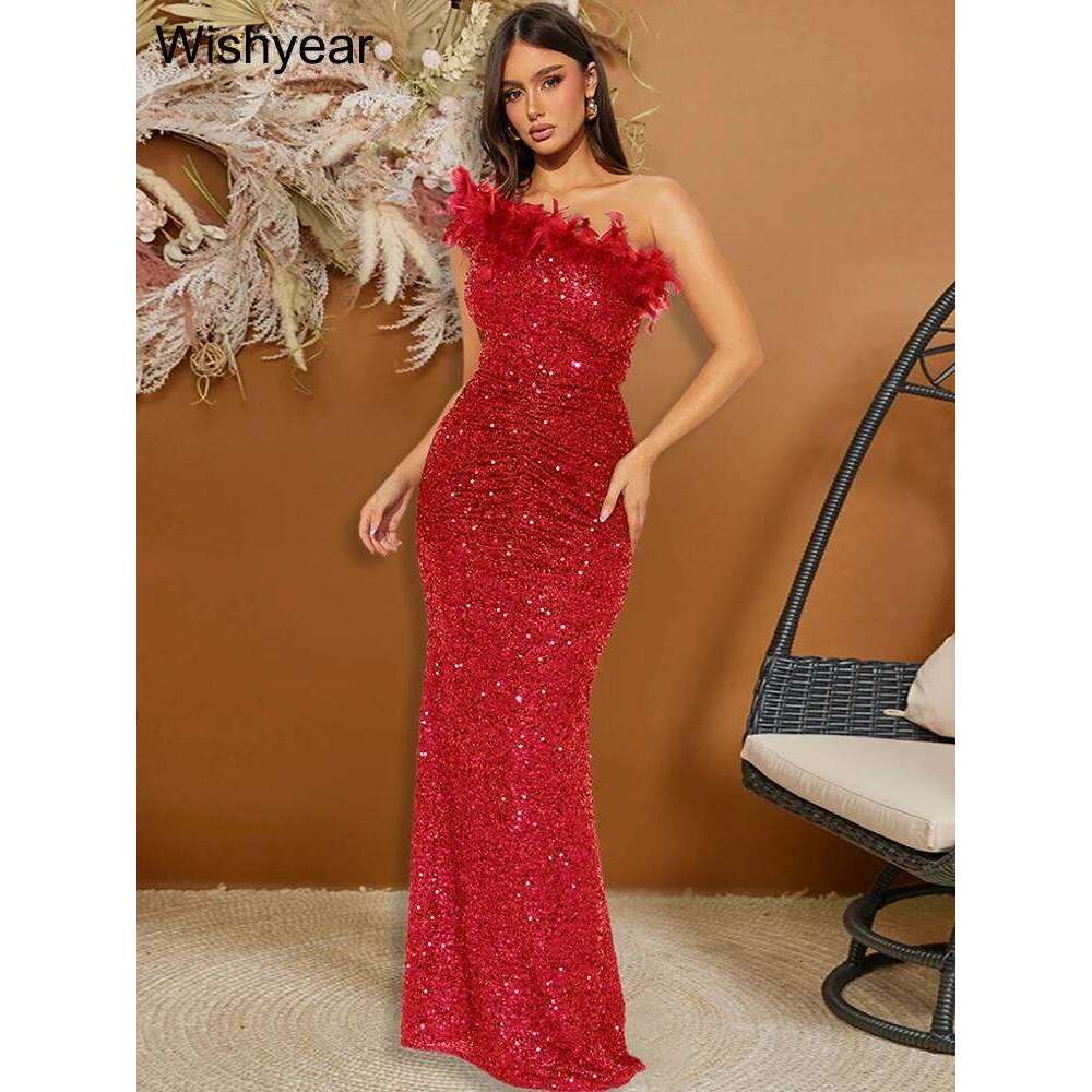 New Sequined Feather One Shoulder Sleeveless Slanted Collar Backless Purple Long Dress Women Birthday Party Event Gowns