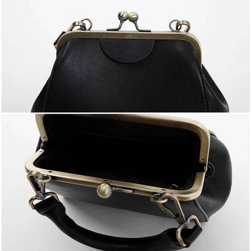 Vintage Women Handbag Kiss Lock PU Clip Female Retro Shoulder Bag Lady Purse Black Leather Messenger Bags