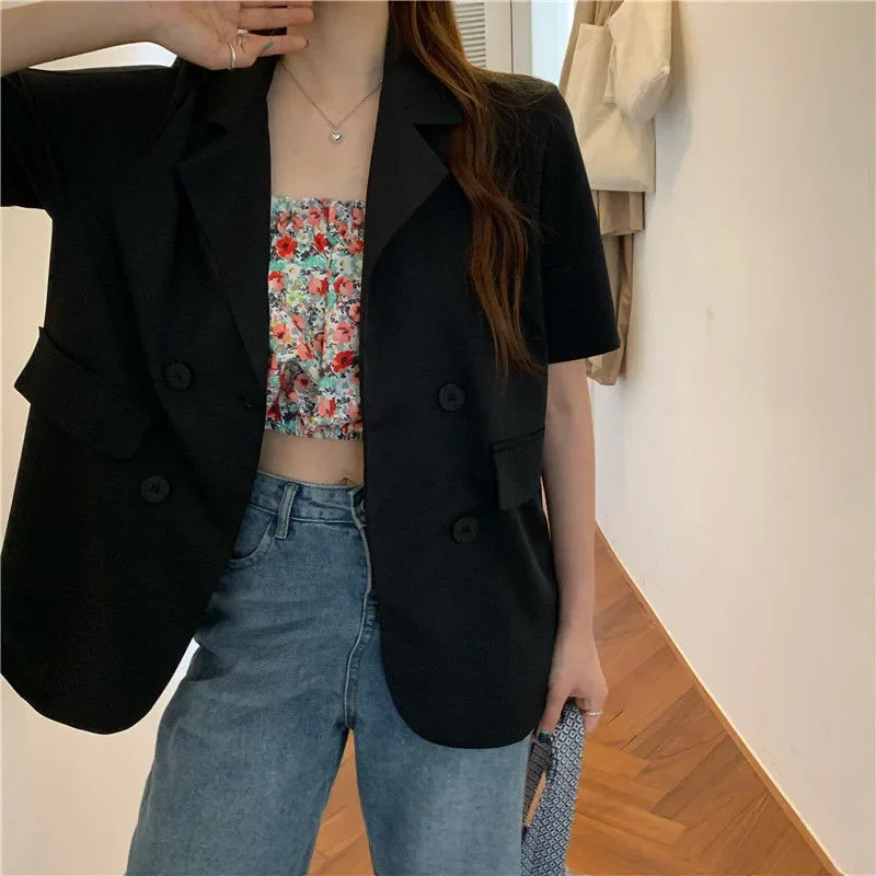 SMVP Womens Summer Shortsleeved Jacket Casual Allmatch Loose Doublebreasted Blazers Coat Woman Korean Chic White Blazer 250610