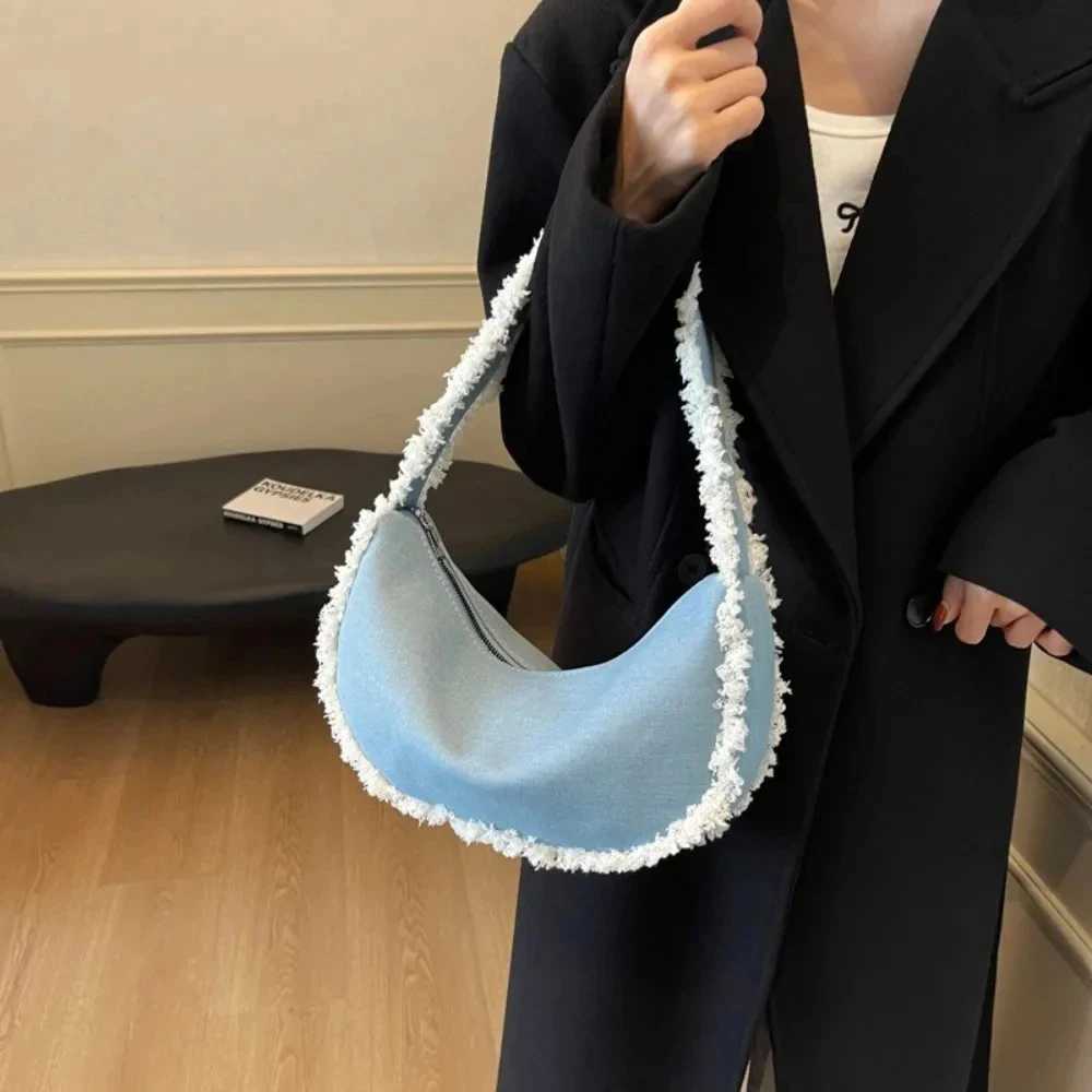 Handbag with Fringed Armpits Rough Edge Design Womens Casual Bag Moon-shaped Shoulder Bag XJ250610