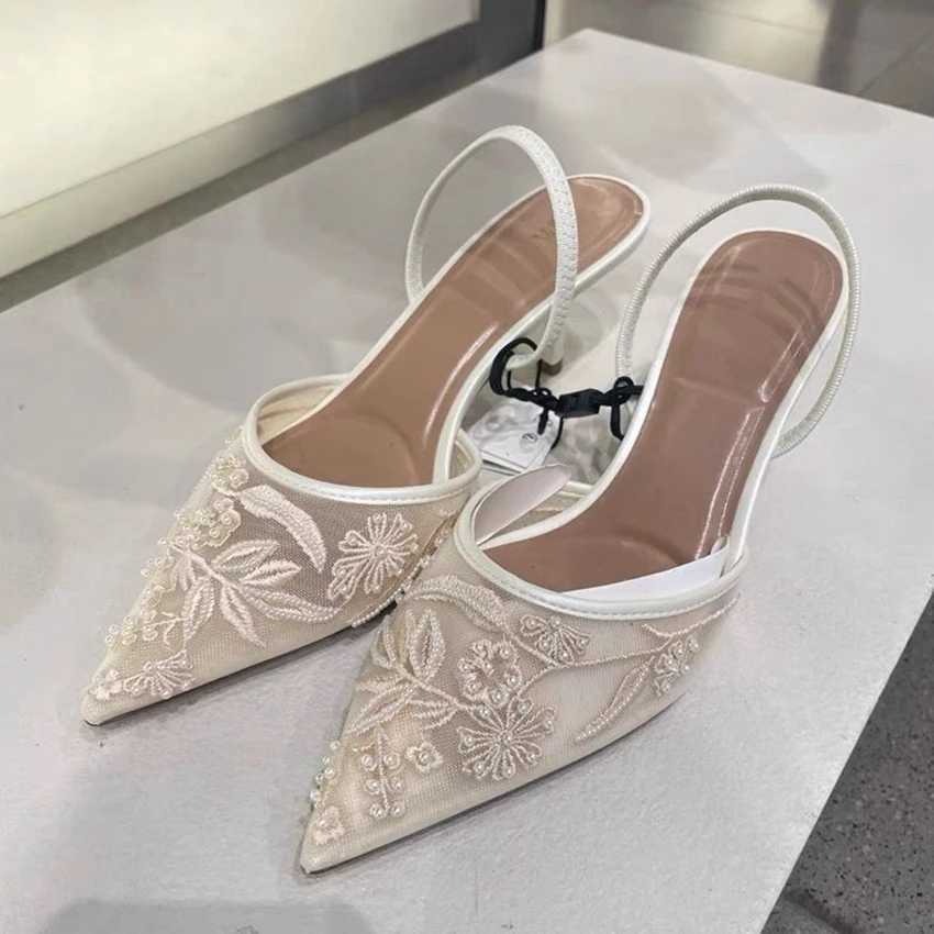 Brand Designer White Women Pumps Mesh Embroidered Flowers Back Strap Sexy Slingback High Heels Dress Wedding Shoes for Ladies XJ250610