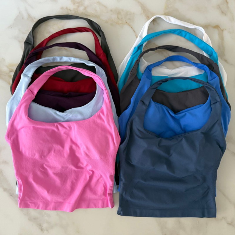 New Style Wider Straps Top Sports Halter Vest Women Seamless Yoga Tank Tops Ruched Backless Gym Clothes Workout Sleeveless Shirts With Chest Padded Outfit Bra