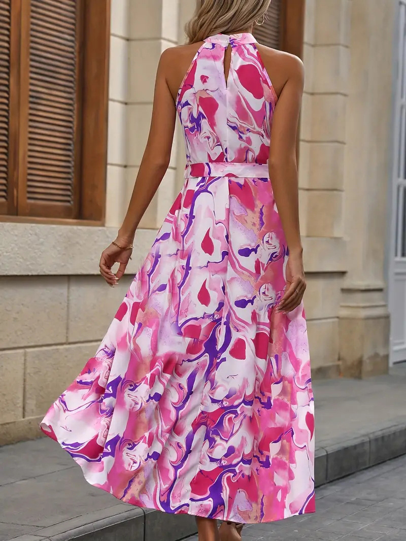 Summer style fashionable long dress with printed neckband and drawstring for ladies