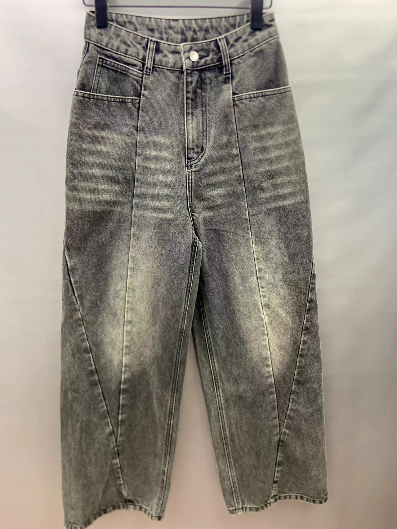 Factory customized wholesale splicing design high waist wide leg jeans 24-0802