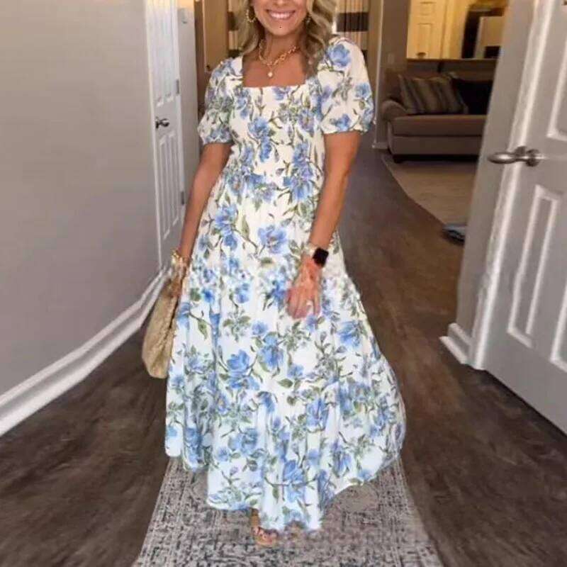 New Summer Print Puff Sleeve Long Dress Woman Beach Sweet Zipper Party Casual Square Collar Floral Bohemian Maxi Dresses