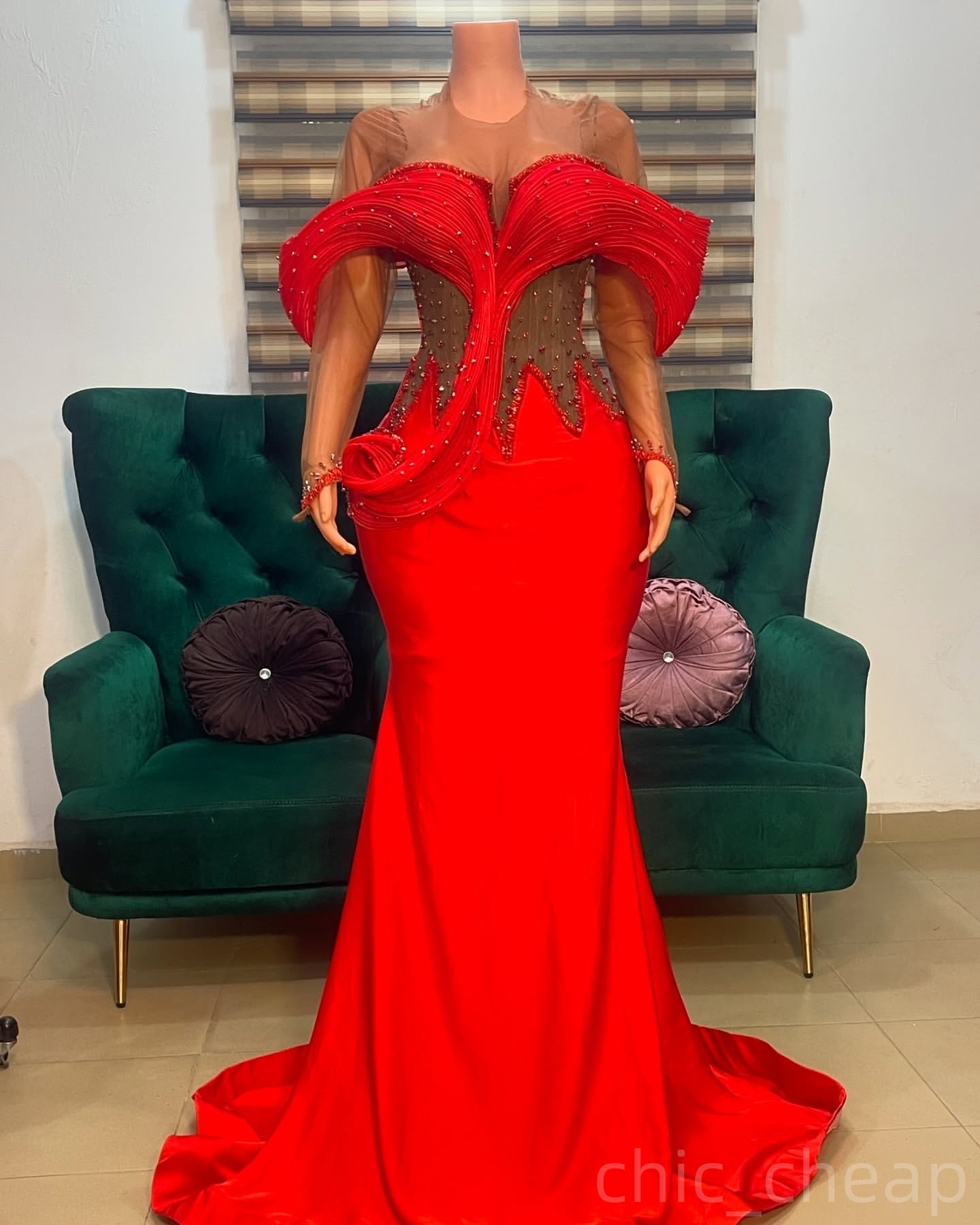 Red Mermaid Prom Dresses 2025 Beaded Crystals Satin Sheer Neck Evening Formal Party Second Birthday Engagement Gowns Plus Size Dress For Special Occas