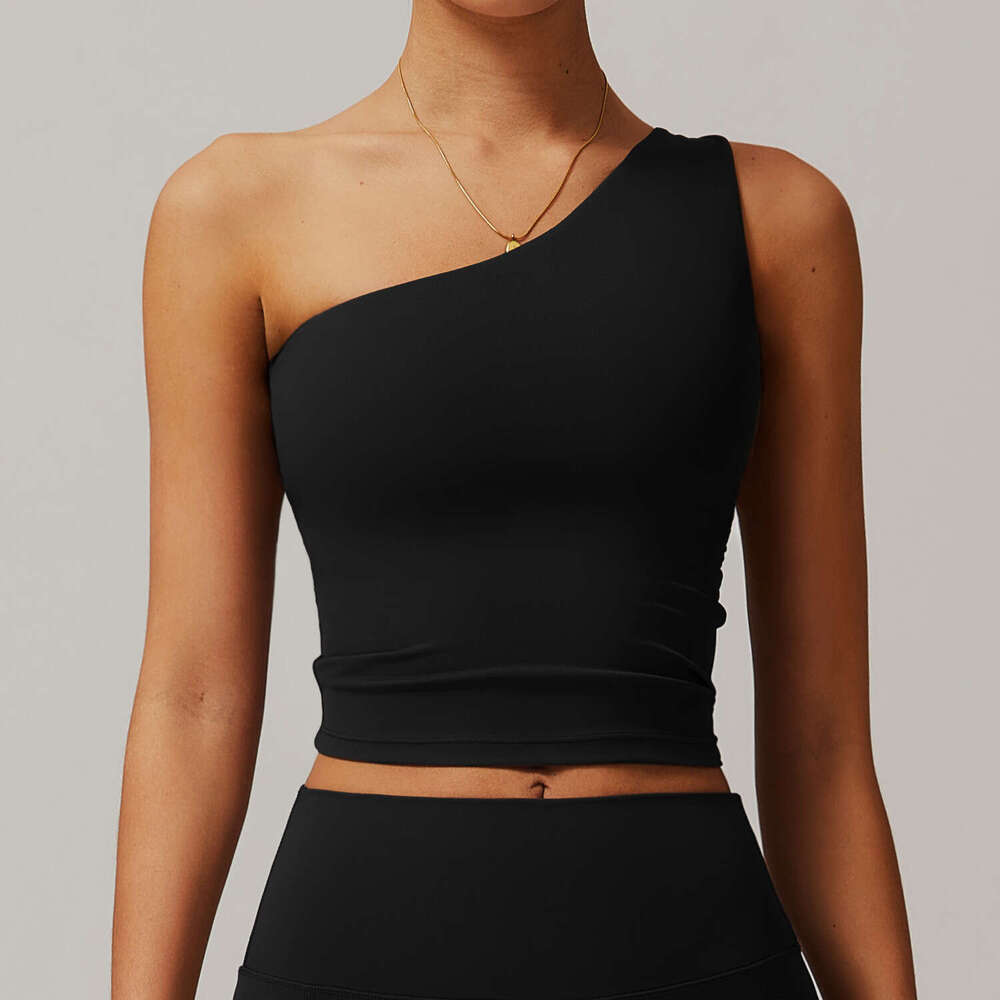 DHEssentials Womens One Shoulder Yoga Tank Top Asymmetrical Waist Cinched Athletic Crop Top for Gym Running Fitness Training