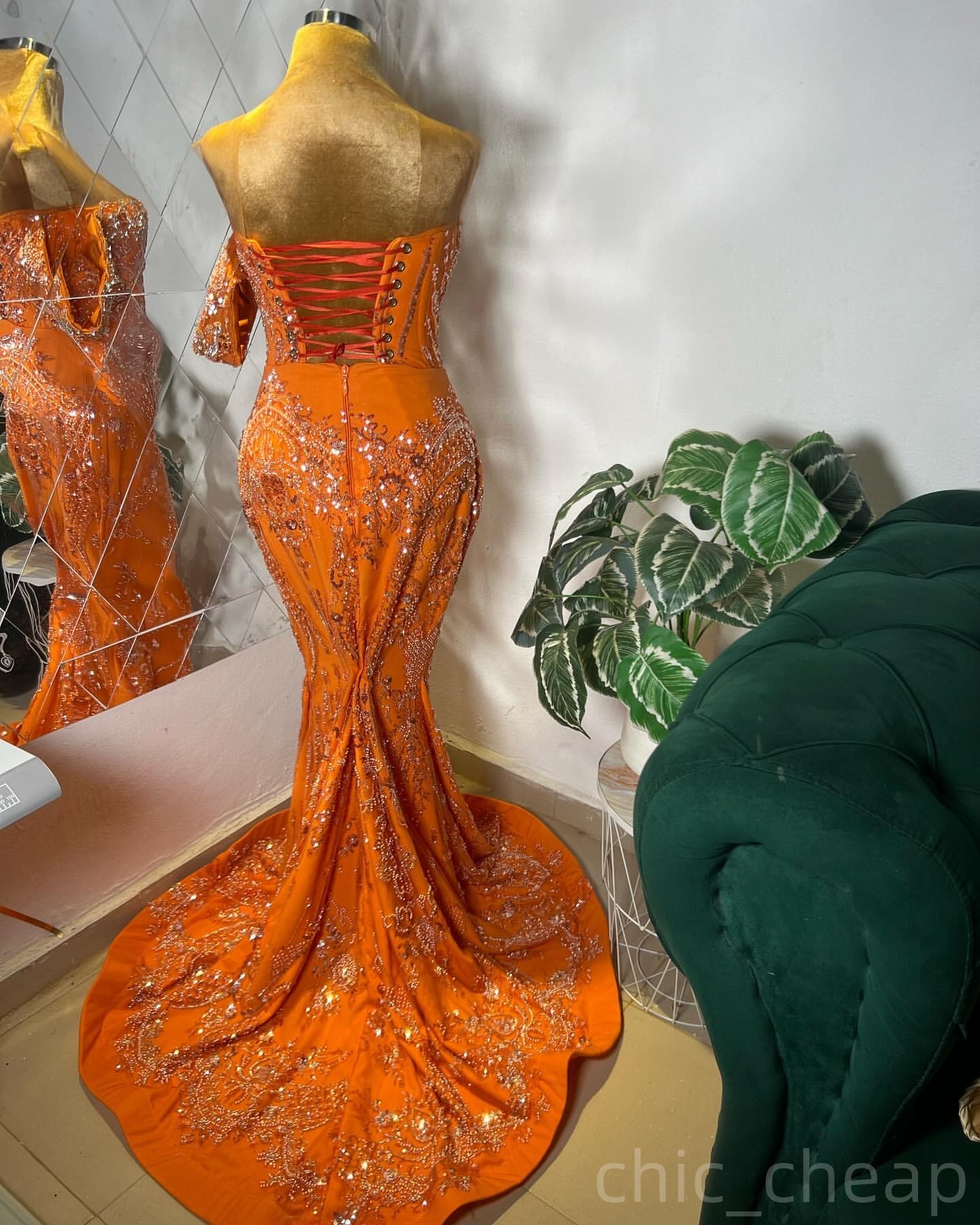 Orange Mermaid Prom Dresses 2025 Beaded Crystals Sequined Sheer Neck Evening Formal Party Second Birthday Engagement Gowns Plus Size Dress For Special