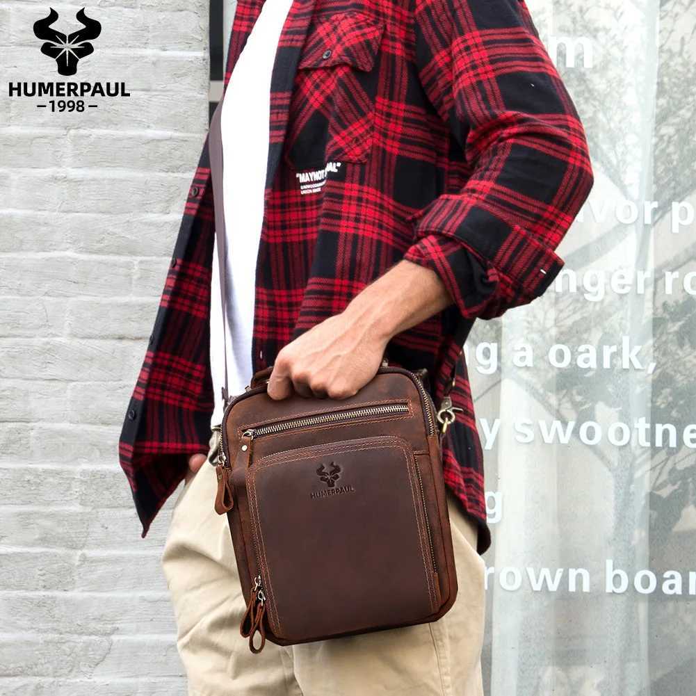 HUMERPAUL Genuine Leather Mens Shoulder Bag Vintage Cross Bags Large Capacity Male Messenger Tote Bag Travel Bolso Hombres W250610