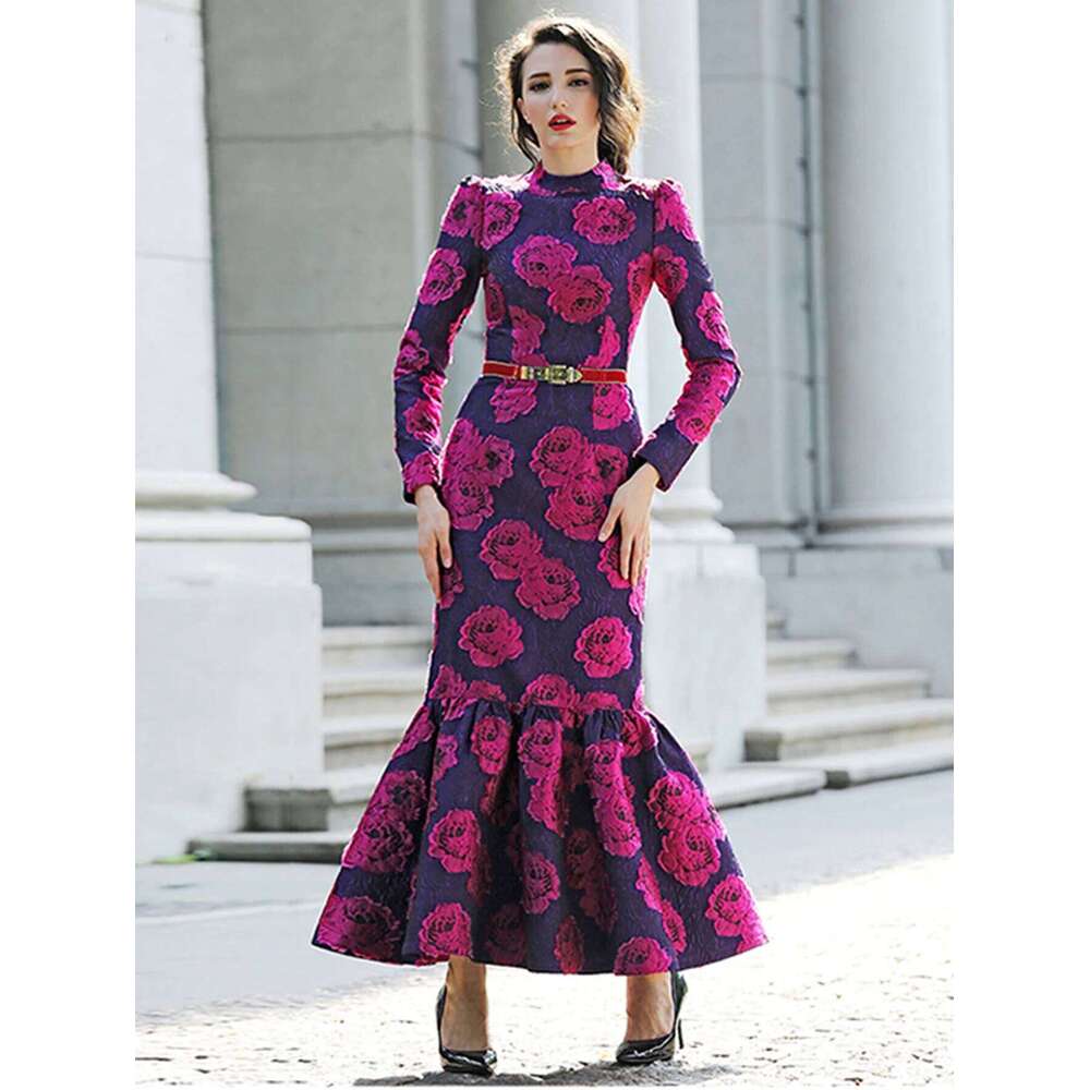 Elegant Brocade Women Maxi Mermaid Dress Long Vintage Flowers Slim Clothing Stand Collar Party Dresses Robe Femme Vestido