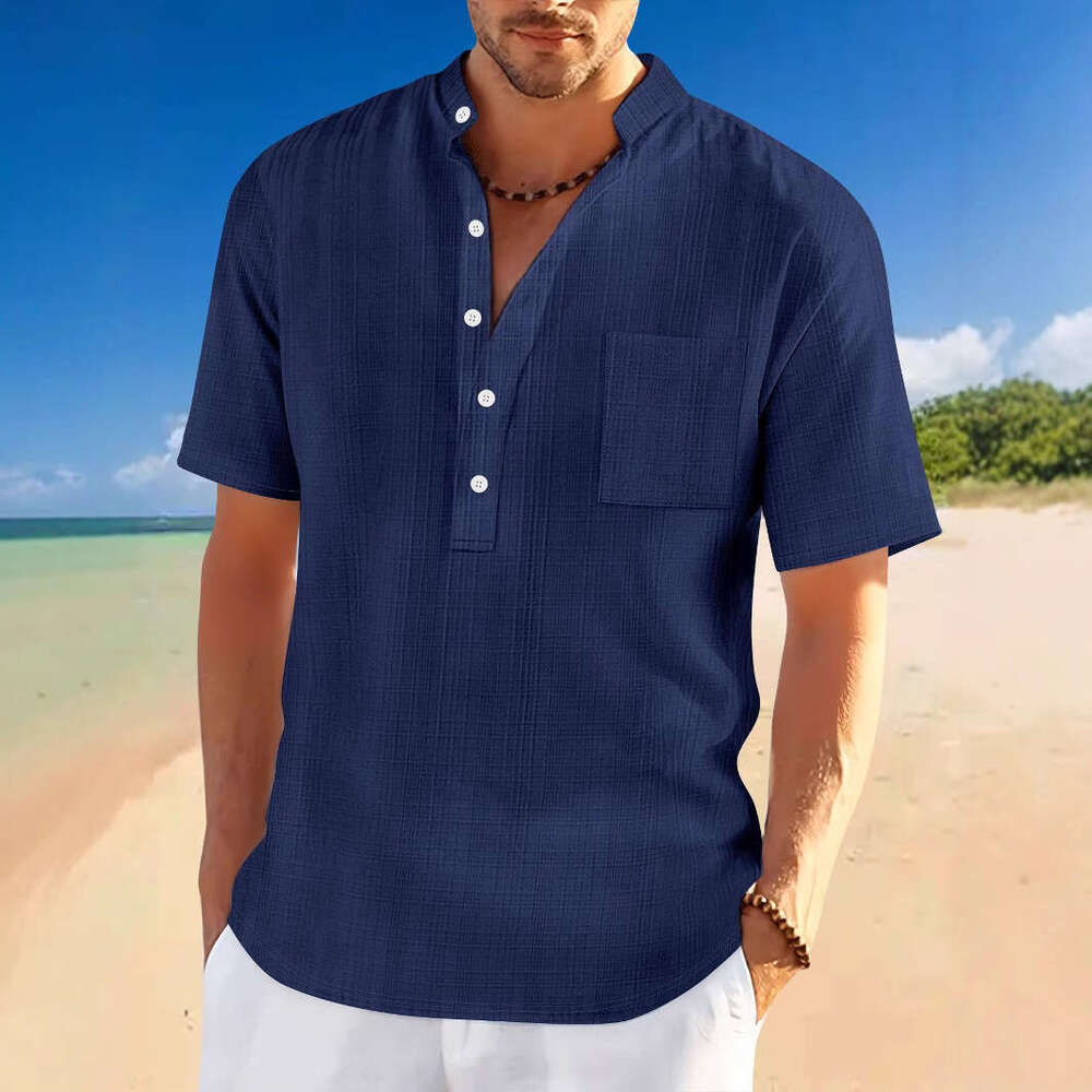 Spring Summer Men's Stand Collar Short Sleeve Loose Casual Vacation Henley Shirt Men B5