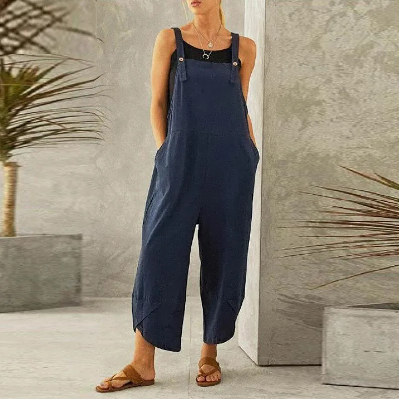 Womens nine point suspender pants jumpsuit European and American womens solid color casual 250609