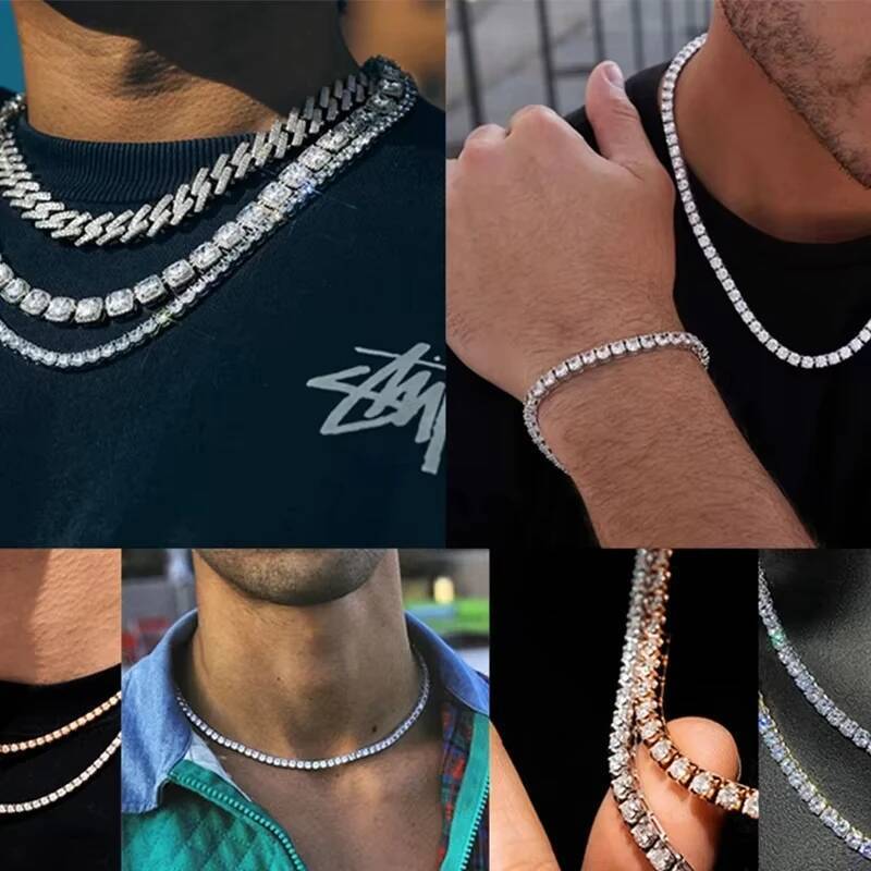 Hip Hop Necklace Moisssanite Gold Plated Sterling Sier Jewelry UnisexMoissanite Tennis Chain For Women & Man
