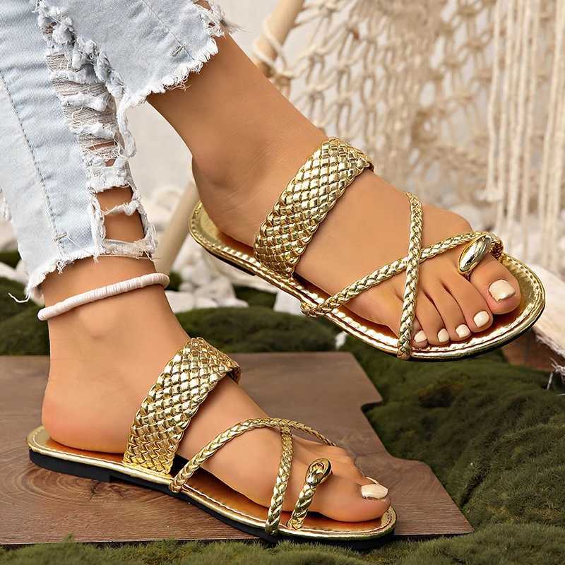 Gold Braided Cross Strap Flat Sandals for Women Roman Style Ring Toe Summer Slippers Woman Lightweight Outdoor Beach Slides 2025 XJ250610