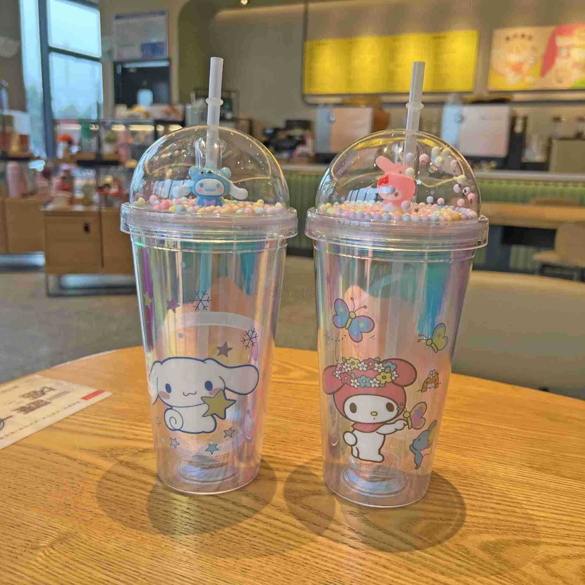 Sanrio 450ML Sanrio Cartoon Plastic Straw Cup Kuromi Stitch Double-Layer Plastic Cup Portable Sport Mug Straw Water Cup Christmas Gifts XJ250611