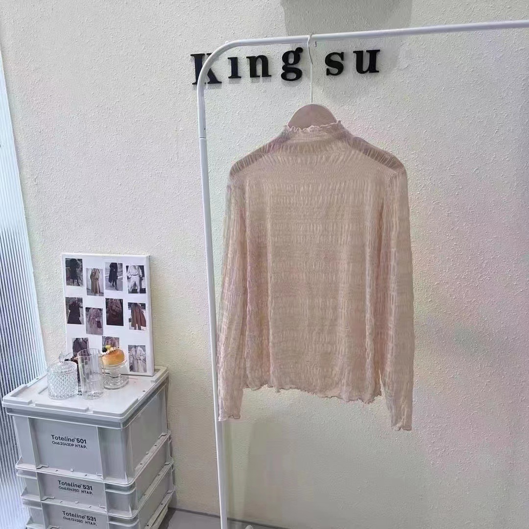 XL80 Autumn and winter new lace bubble shirt for women, fashionable and fairy-like, long-sleeved, half-high collar, mesh bottoming shirt