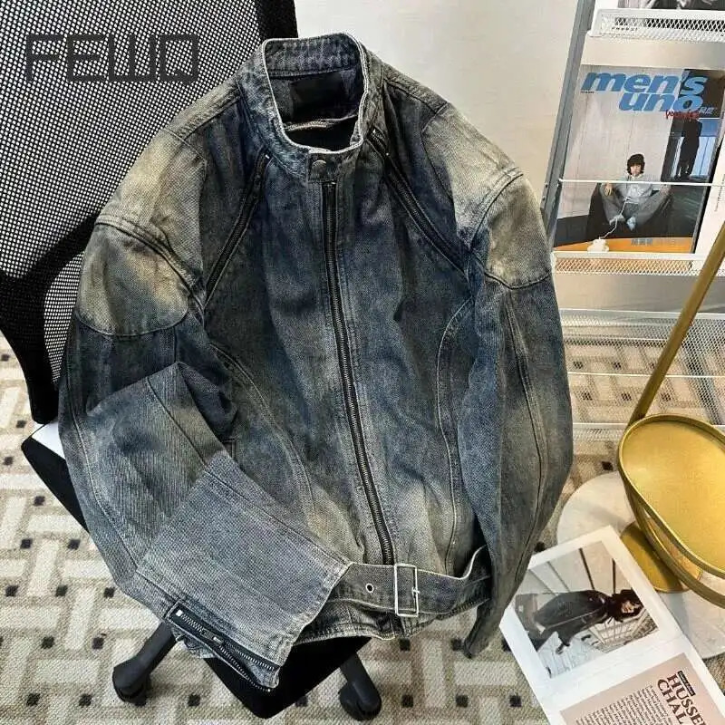 FEWQ Belt Mens Denim Jackets Stand Collar Solid Color Shoulder Padded Sleeve Zipper Patchwork Washing Male Coats 24K2966 250611