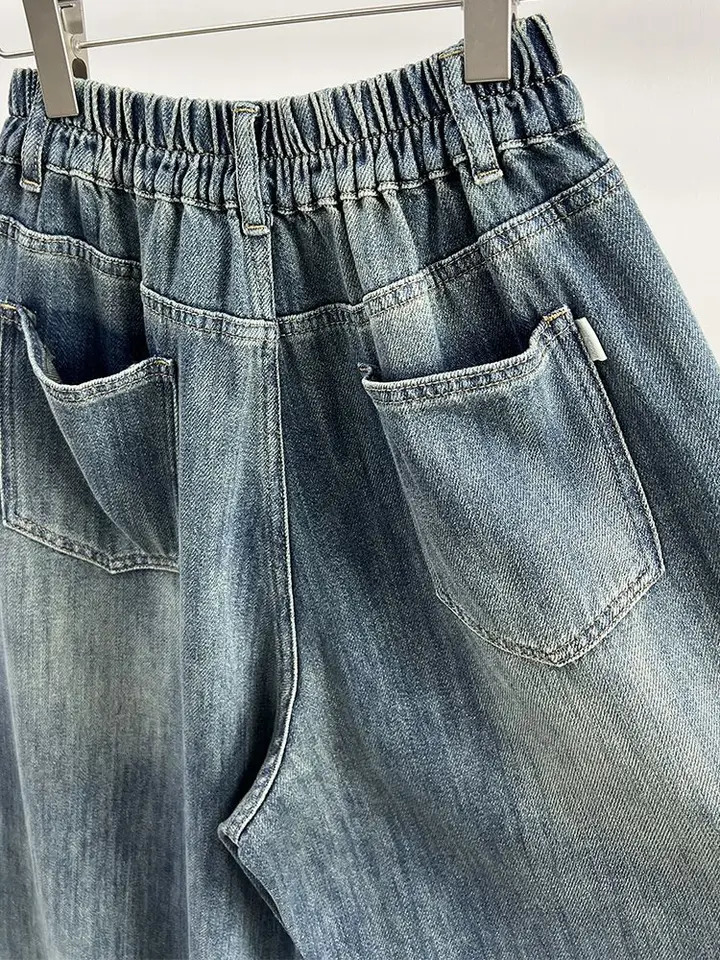 Plus Size 5XL 140kg Womans Denim Trousers Summer Wide Leg Pants Elastic Waist Leisure Ladies Pocket Trousers 250609