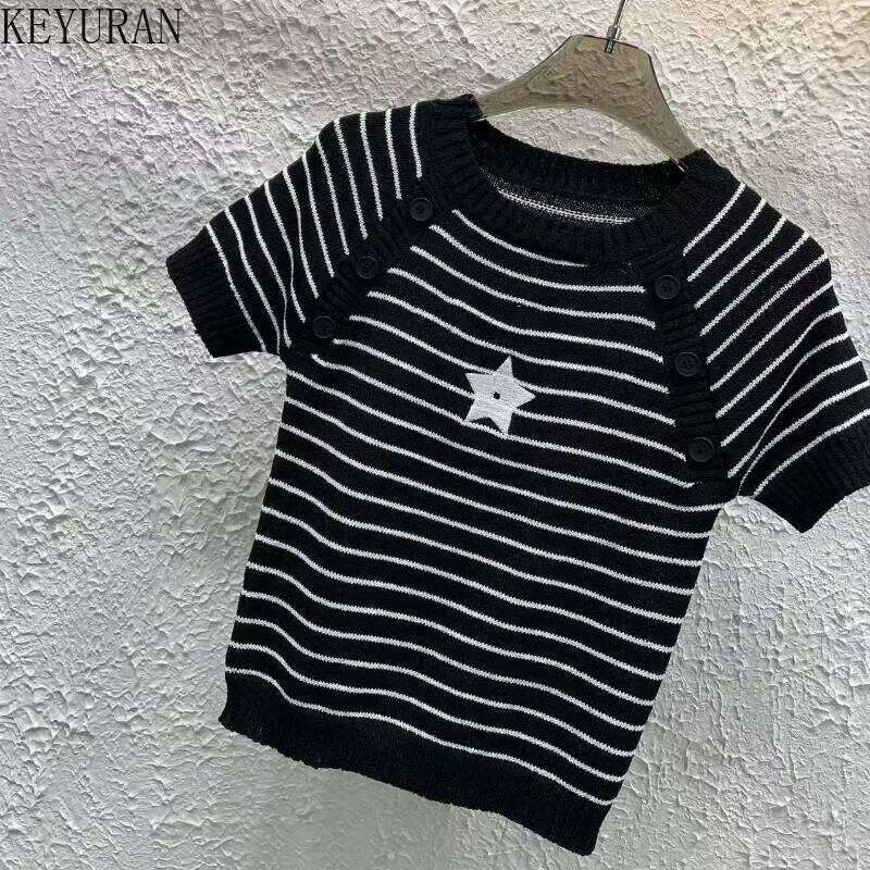 2025 Spring Summer New Striped Knitted Short Sleeve Sweater Women's Vintage Embroidery Round Neck Casual Pullover Knitwear Tops