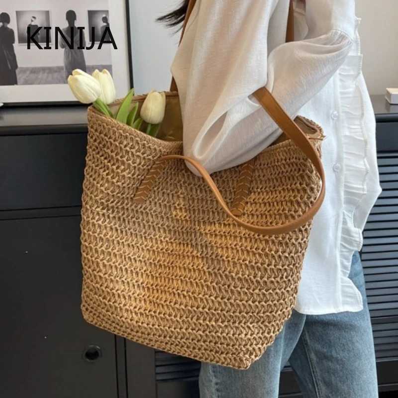 Korean Commuter Large Capacity Straw Woven Shoulder Bag Female Simple Summer Beach Vacation Handmade Basket Bag Travel Tote Bag XJ250610