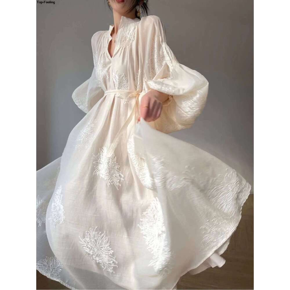 France Elegant Lantern Sleeve Embroidery Midi Dress for Women Spring Autumn New V Neck Lace Up Vestidos Korean Vintage Clothes