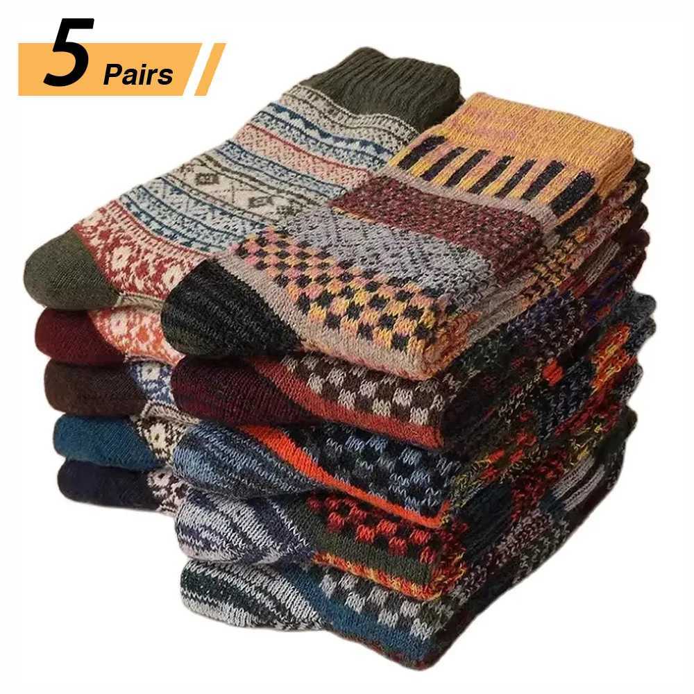 5 Pairs Winter Mens Socks Thick Warm Socks Retro Style Colorful Fashion Men Socks For Snow Boots Z250610