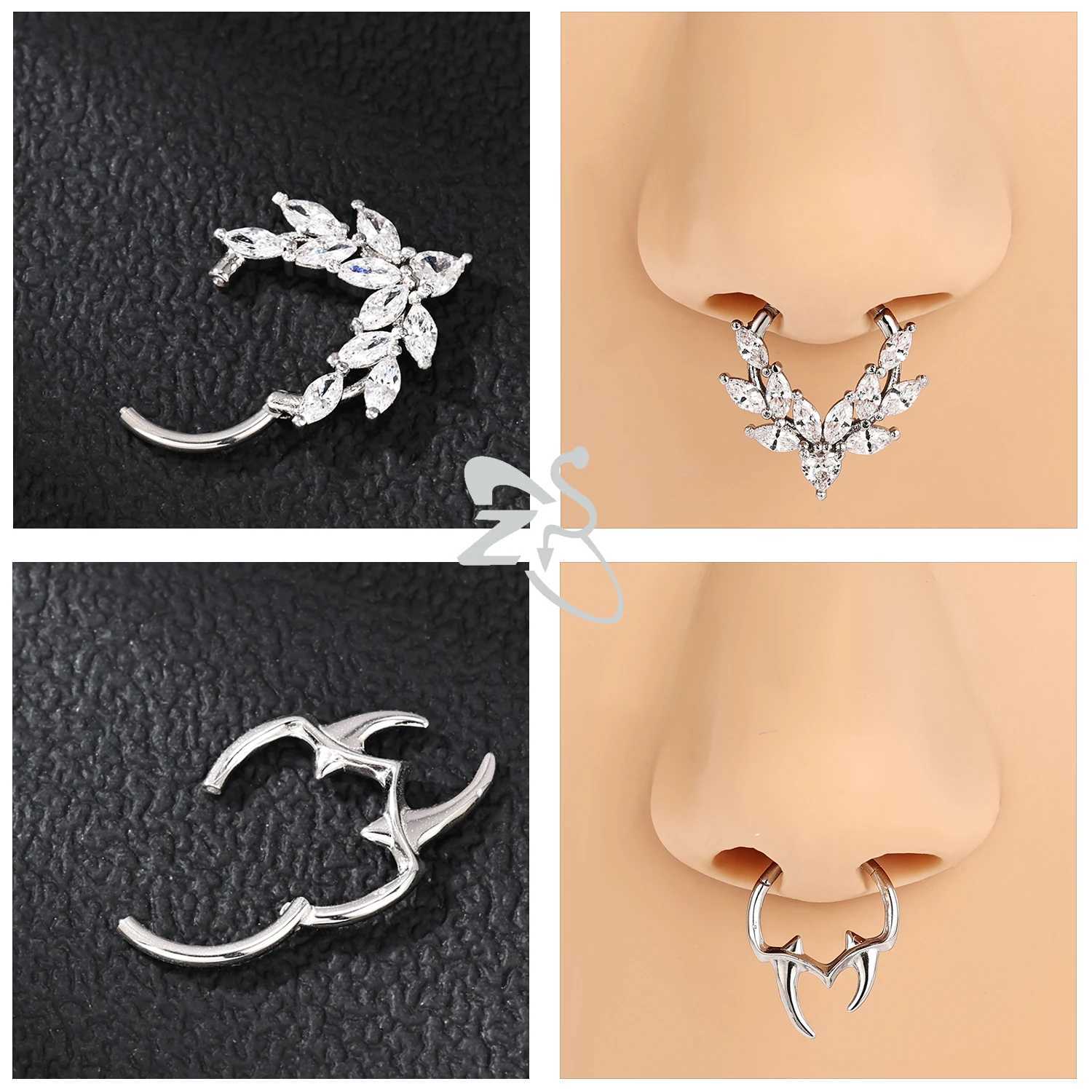 ZS 1PC Pink Crystal Nose Piercing Silver Color Septum Ring 316L Stainless Steel Nose Clicker Ear Helix Cartilage Piercing 16G W250611