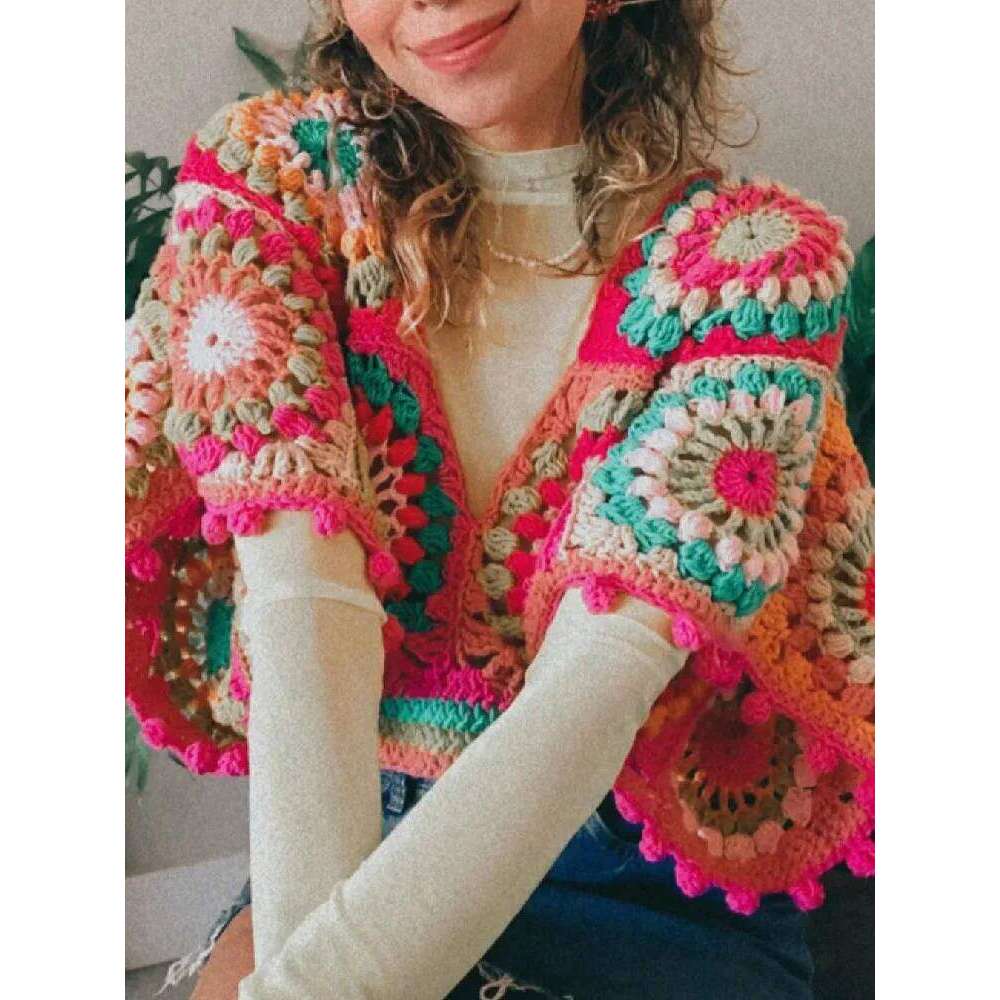 BOHO Hand made Hollow Out Crochet Geometric Short Bat Sleeve Pullovers Women Summer Cropped Retro V neck Holiday Tops