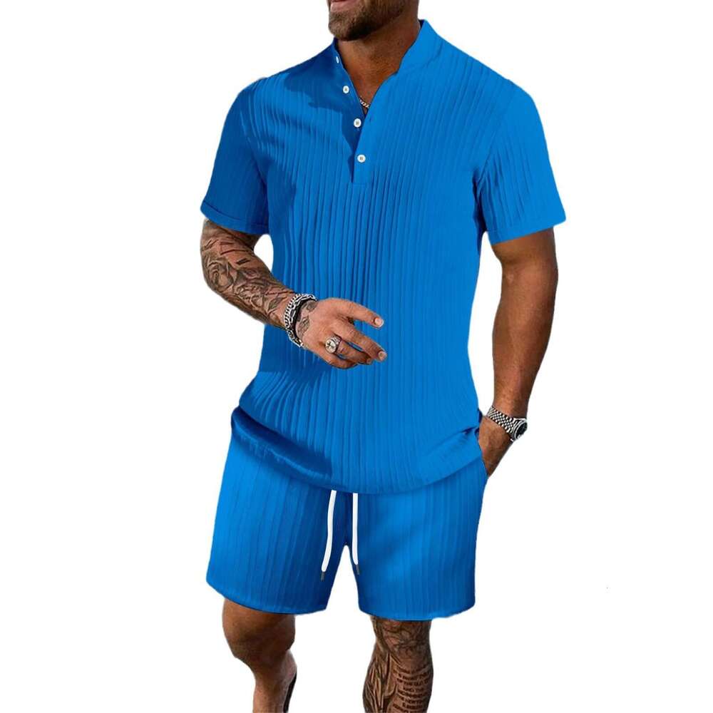 Summer Men's Casual Loose Short Sleeve Shirt And Shorts Beach Set B5