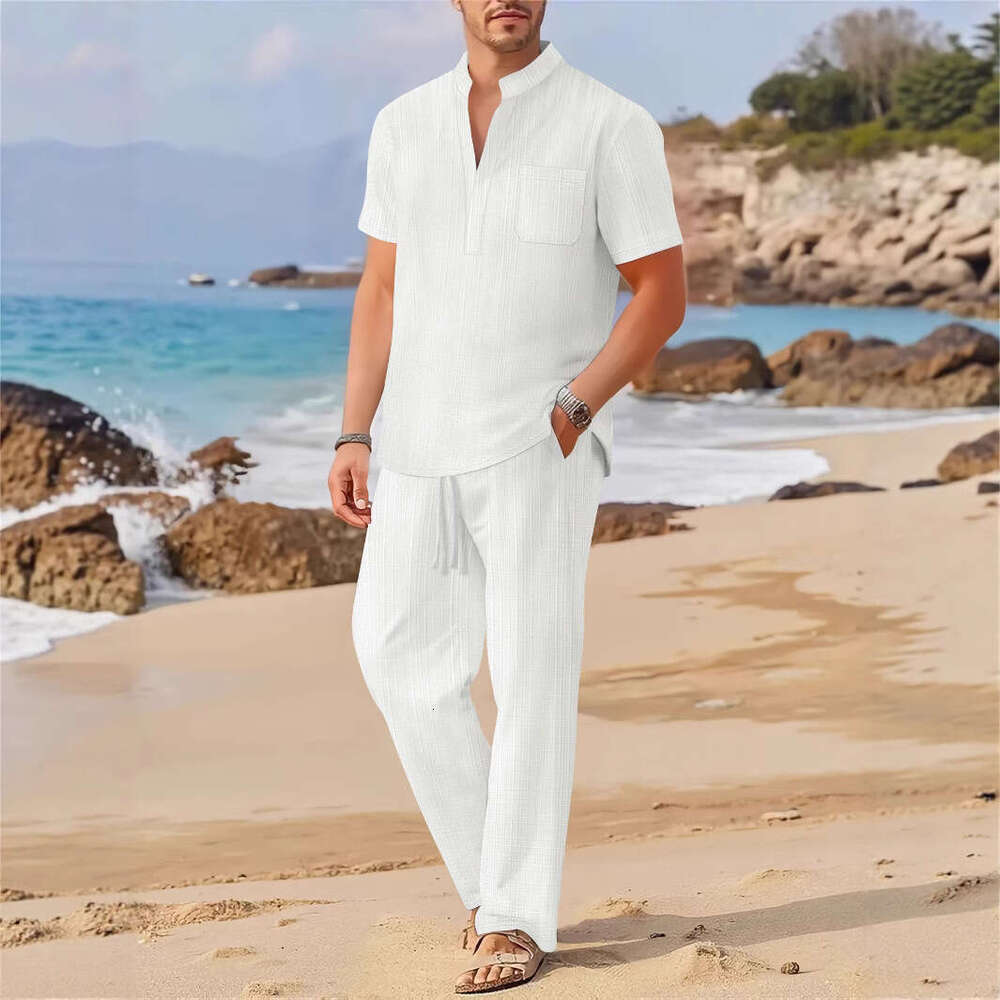 Spring/Summer New Men's Loose Casual Imitation Linen Short Sleeve Long Pants Set B5