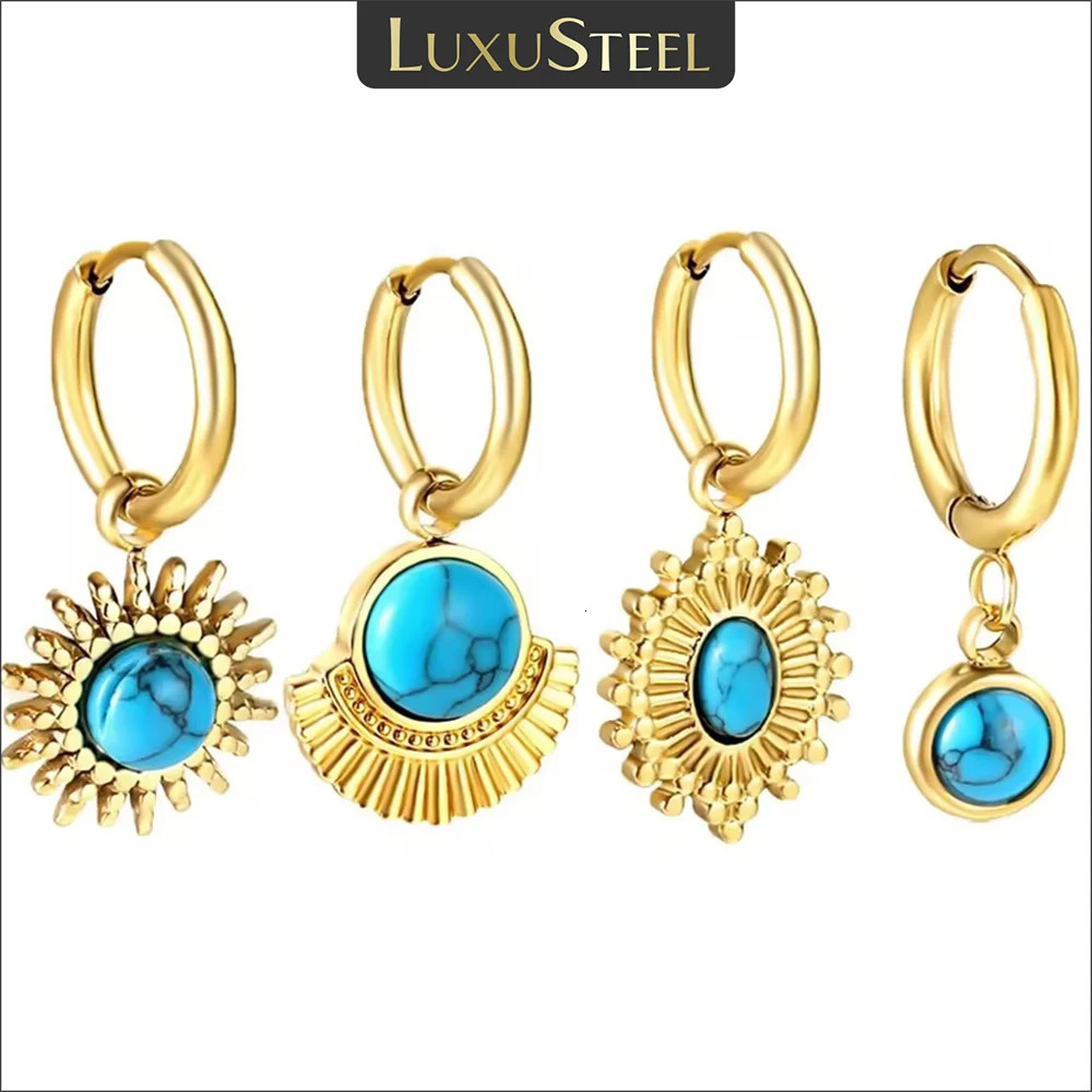 LUXUSTEEL Boho Stainless Steel Hoop Earrings Turquoise Blue Stone Charm Drop Earring For Women Girls France Chic Jewelry 250610