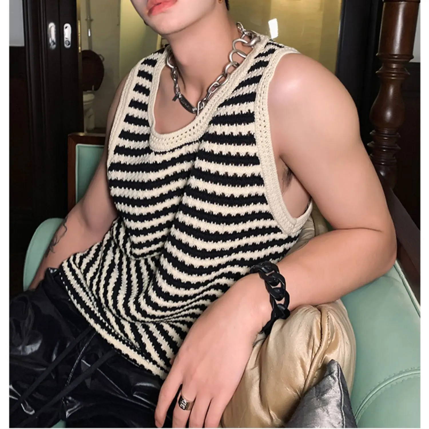 Mens Striped Knitted Sleeveless Vest Casual Sports Streetwear Breathable Comfort Summer Tanks Tops O-Neck Korean Style 250611