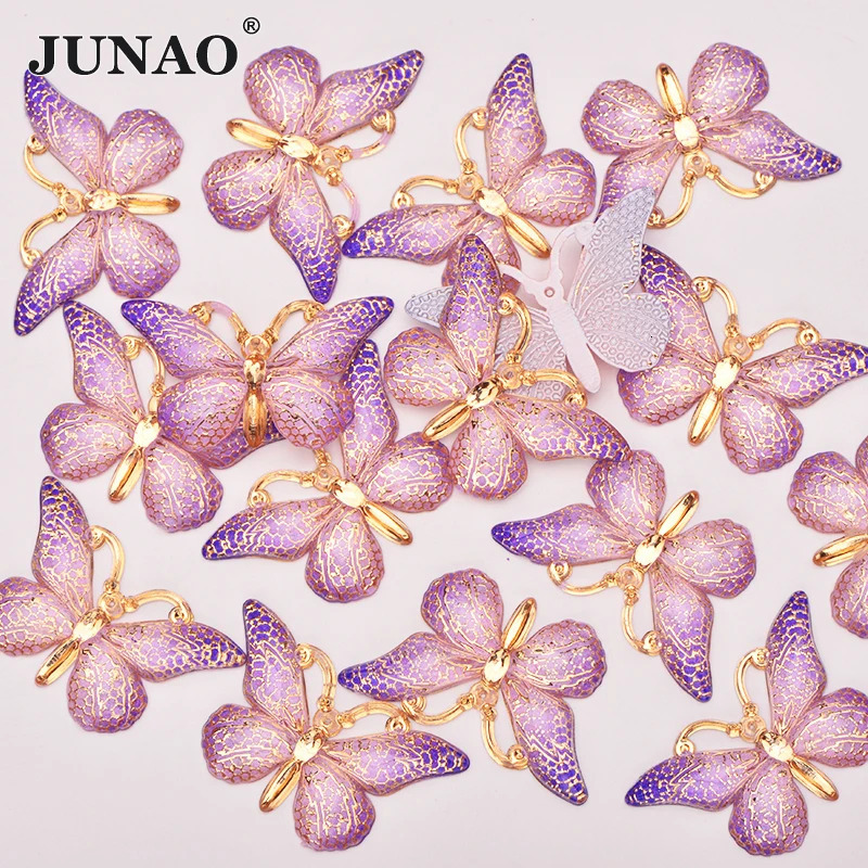 JUNAO 10Pcs 2538mm Large Sewing Purple Butterfly Resin Applique Flatback Crystal Stone For Garment Decoration 250606