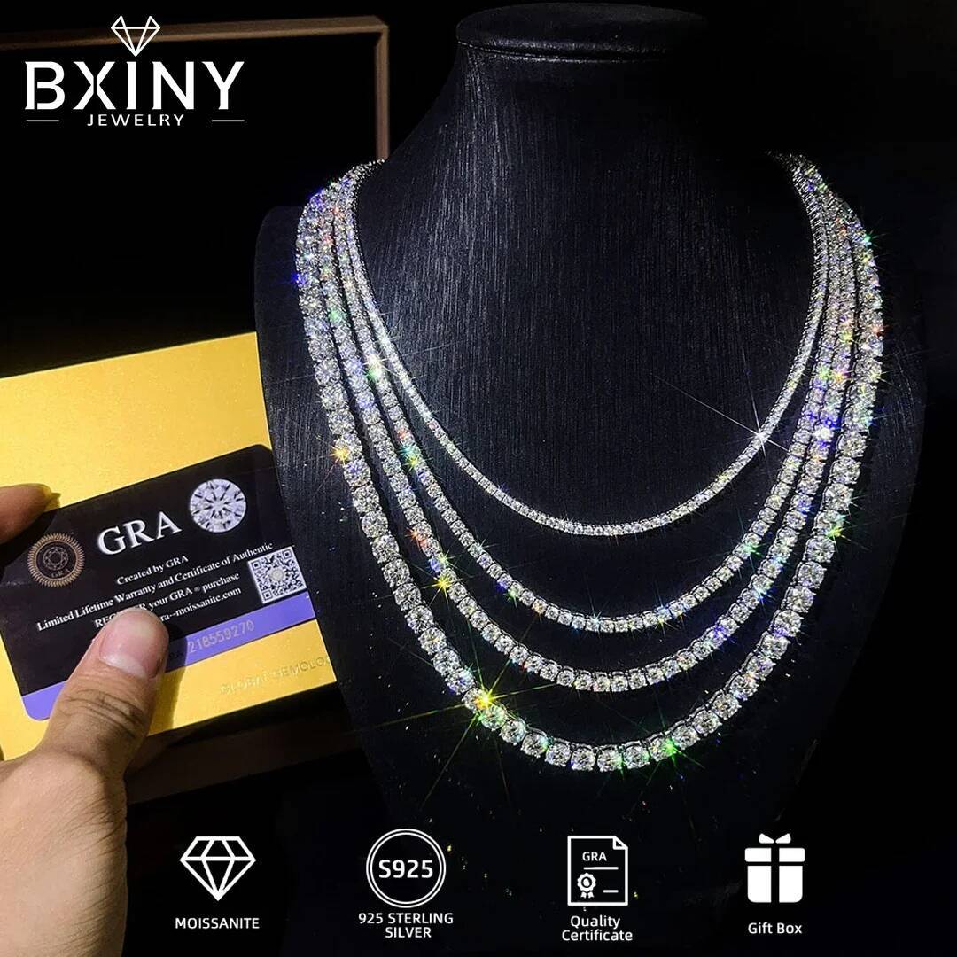 BXINY GRA Certified 3/4/5mm Moissanite Tennis Necklace S Sier Sparkling Lab Dia for Women Men Hiphop Party Gift Jewelry