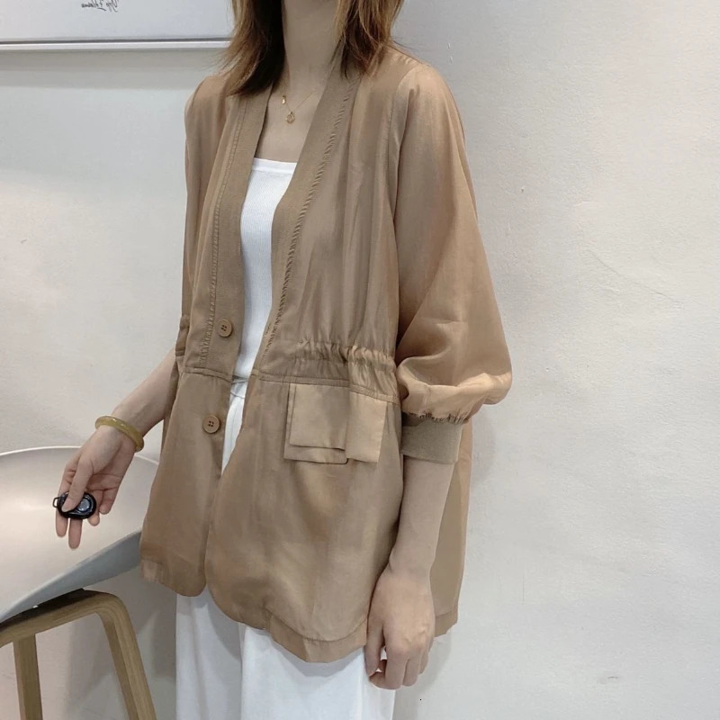 Plus Size Waist Tie Vneck Black Blazer Women Summer Cardigan Sunscreen White Jacket Korean Fashion Casual Pocket Outerwear 250610