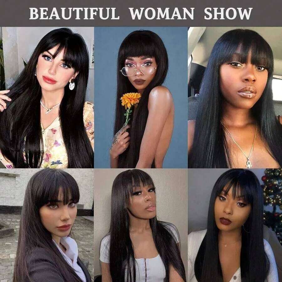 Bone Straight Human Hair Full hine Made With Bangs 30 Inch High Density Black Wig Glueless Brazilian Wigs On Sale Women