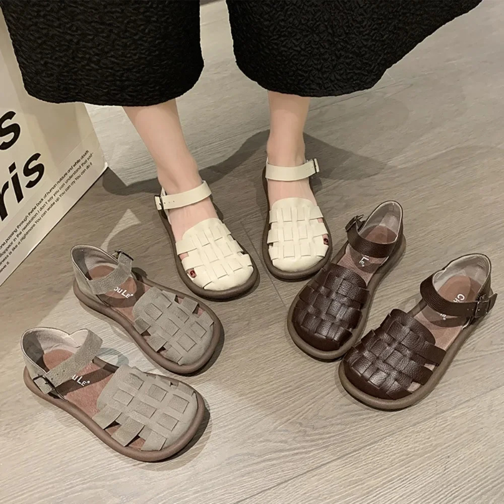 Womens Summer Zapatillas De Mujer Shoes Square Toe Flat Sandals Leather Women Gladiator Sandals Slip on Ladies Beach Shoes 250609