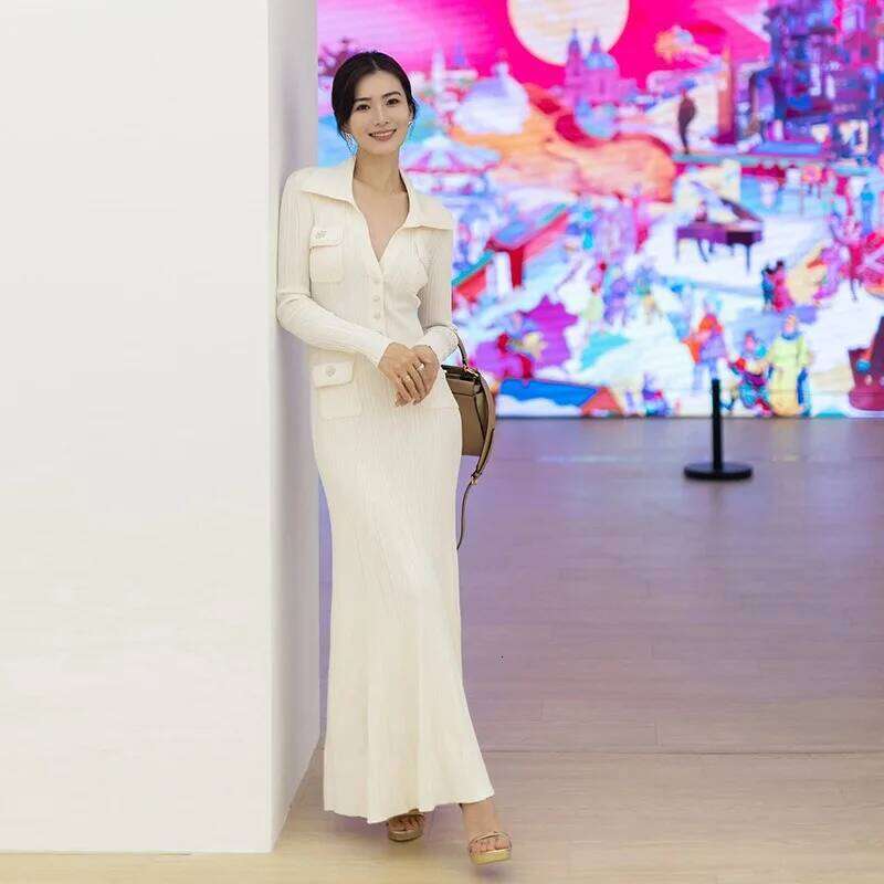 Romantic French Style Polo Collar Dias Buttons Biege Color Full Length Knitting Dress for Tall Women High Quality