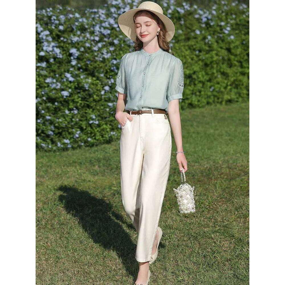 I BELIEVE YOU French Shirt & Blouse For Women 2024 Summer New Stand Collar Puff Sleeve Hollow Out Chic Shirts Lady 2241055593