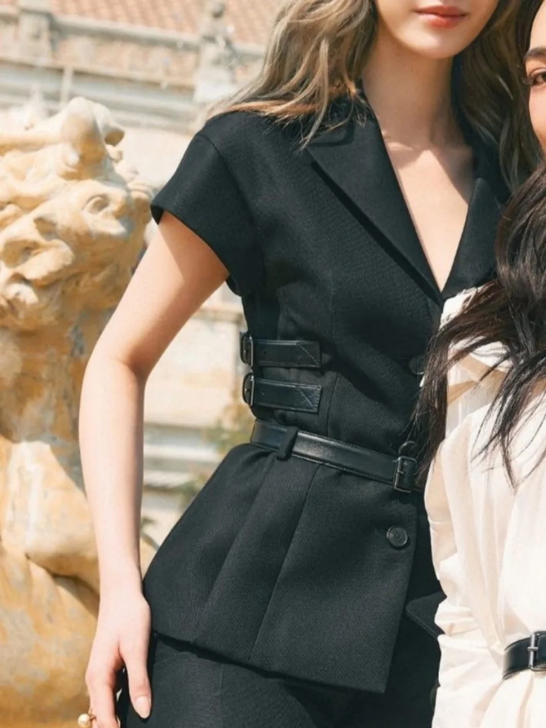 Summer Womens Black Tailored Blazer 100% Polyester Belted Waist Statement Long Strap Slim Fit Chic Office Casual Workwear 250610