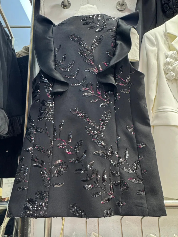 IEQJ Casual Embellished Sleeveless Blazer With Ruffles And Sequined Floral Patterns Female Spring and summer 3QW0236 250610