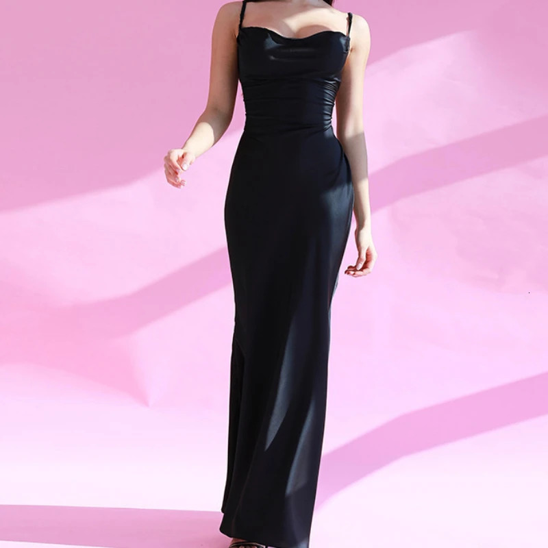 Europe and America foreign trade spring summer temperament sexy solid color stitching with slim suspenders long dress 250611