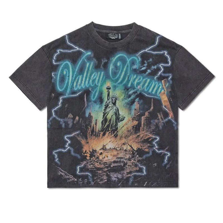 Summer American Style Dark Print Washed Vintage Street Loose Oversize Hip Hop Skateboard Short Sleeve T-Shirt